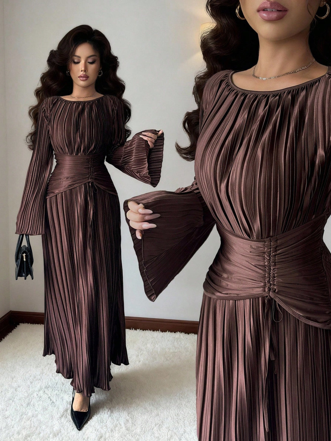 Wrap yourself in cozy elegance this season with our coffee brown ruched dress—a playful take on autumn sophistication. The flattering ruched detailing cinches at the waist with a charming tie, while flare sleeves add a touch of whimsy and movement. Perfect for transitioning from casual coffee dates to evening gatherings, this dress combines comfort with undeniable style. A wardrobe essential that proves you can be both chic and fun.