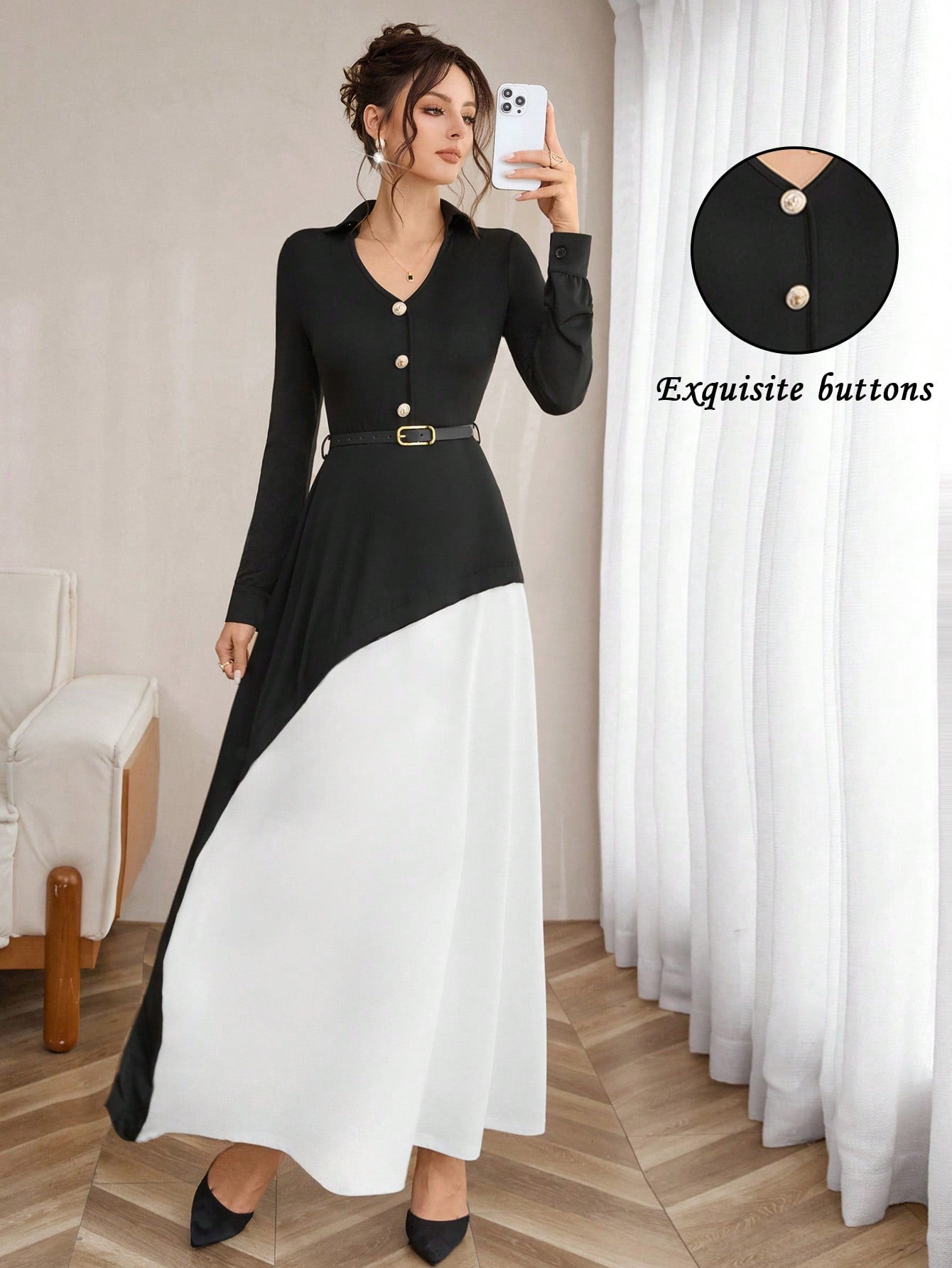 Elevate your wardrobe with this stunning color block midi dress that effortlessly transitions from boardroom to brunch! The flattering V-neckline and long sleeves offer polished sophistication, while the cinched waist with belt detail creates a gorgeous silhouette. Whether you're dressing up for the office or keeping it casual on the weekend, this versatile piece delivers style and comfort in one chic package. A modern essential that works as hard as you do!