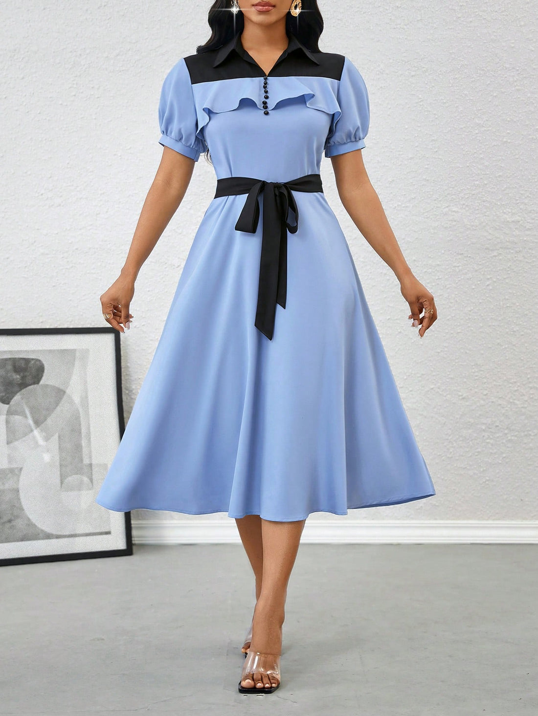 Brighten up your wardrobe with our Elegant Color Block Midi Dress. Featuring playful puff sleeves and a stylish collar, this dress effortlessly combines sophistication and fun. The color block design adds a unique touch, making you stand out from the crowd. Perfect for confident and stylish women.