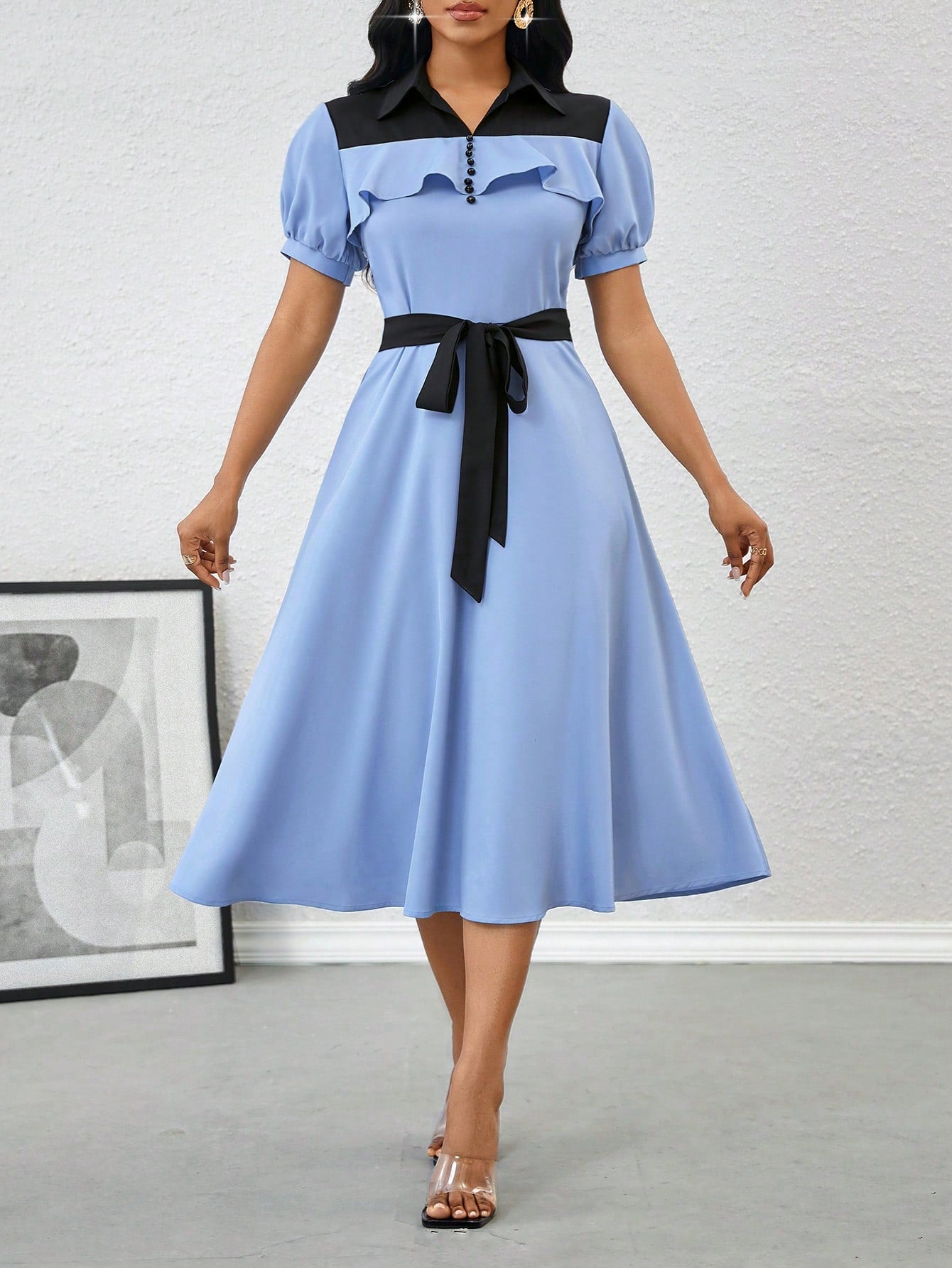 Brighten up your wardrobe with our Elegant Color Block Midi Dress. Featuring playful puff sleeves and a stylish collar, this dress effortlessly combines sophistication and fun. The color block design adds a unique touch, making you stand out from the crowd. Perfect for confident and stylish women.