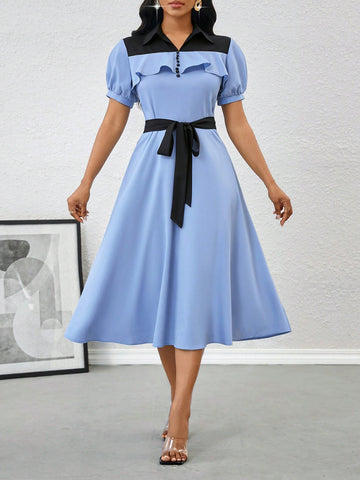 Brighten up your wardrobe with our Elegant Color Block Midi Dress. Featuring playful puff sleeves and a stylish collar, this dress effortlessly combines sophistication and fun. The color block design adds a unique touch, making you stand out from the crowd. Perfect for confident and stylish women.