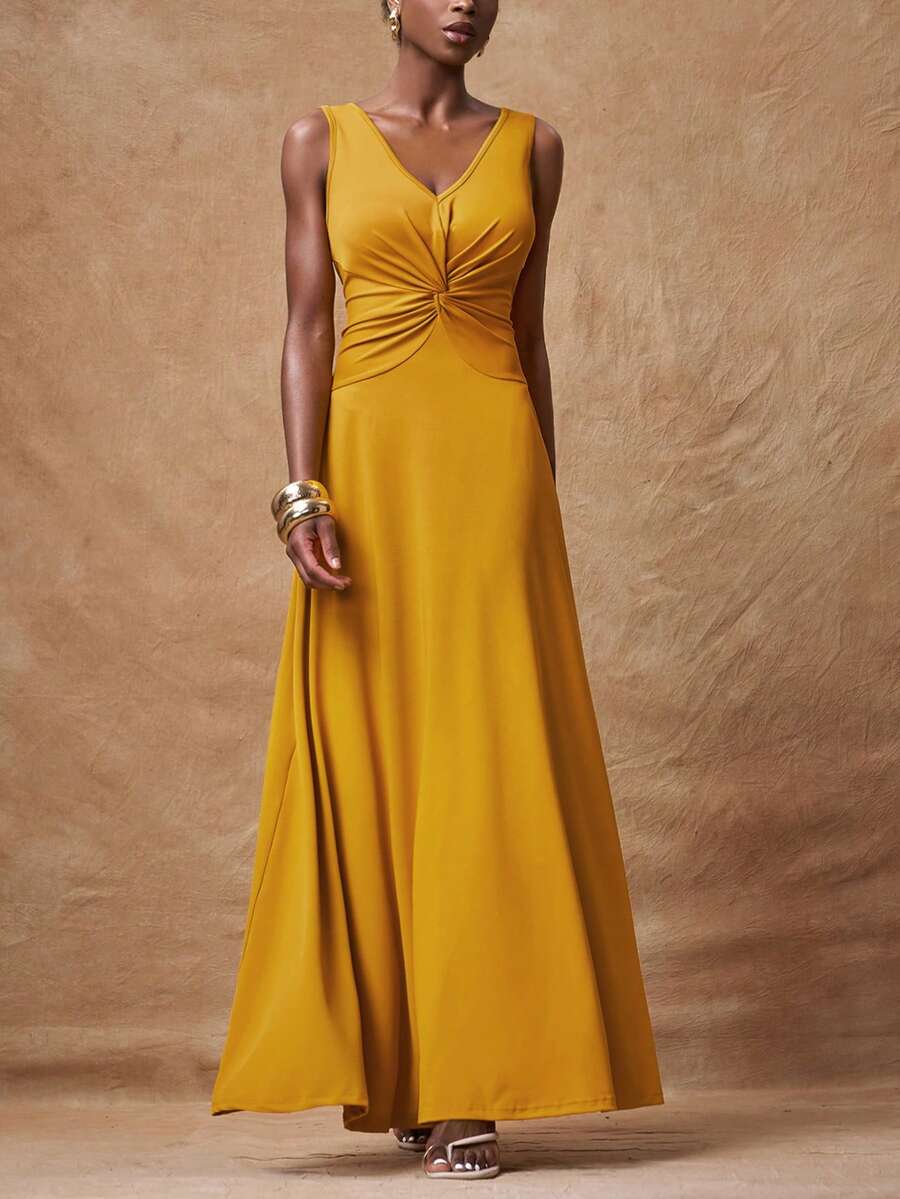 Exude Power Sophistication in Our Elegant Commuter Twist Sleeveless Dress!

Experience the breathtaking fusion of corporate authority and sharp, modern minimalist tailoring. This stunning solid-color sleeveless dress is meticulously designed for the woman who values a high-fashion, "quiet luxury" approach to professional dressing—the ultimate centerpiece for prestigious boardroom presentations, exclusive gallery openings, and high-authority networking events.

Iconic Twist-Detail Artistry: Featuring a maste