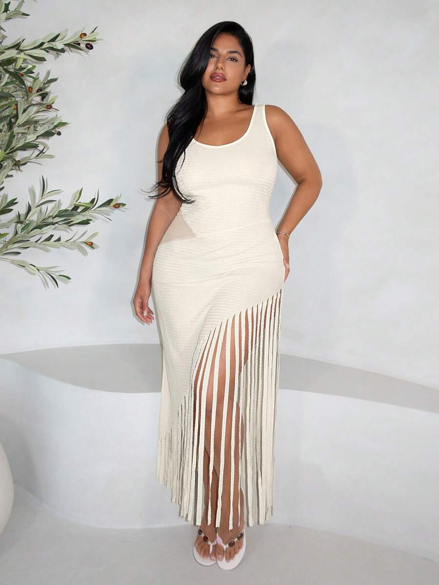 Front view of elegant cream white crochet knit maxi dress with backless design