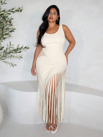 Front view of elegant cream white crochet knit maxi dress with backless design