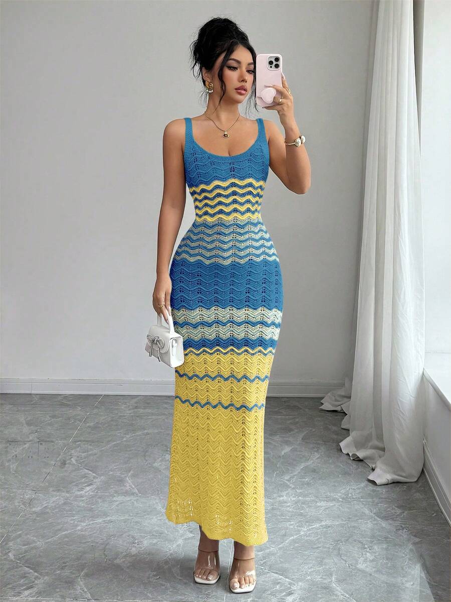 Front view of blue yellow and ivory chevron knit camisole maxi dress with openwork pattern