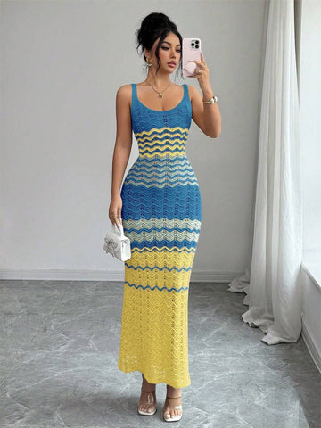 Front view of blue yellow and ivory chevron knit camisole maxi dress with openwork pattern