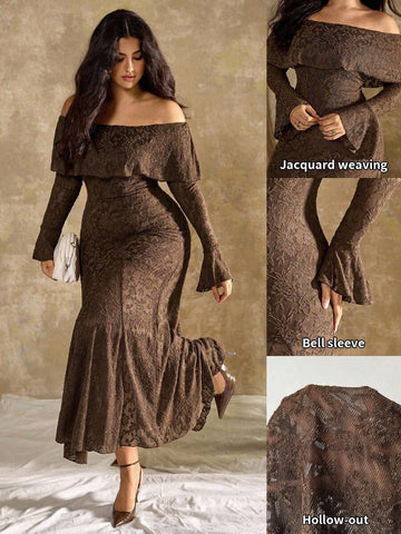 Elegant Dark Green Plus Size Autumn Maternity Dress - French Style Floral Off-Shoulder Fishtail Two-Piece Set 