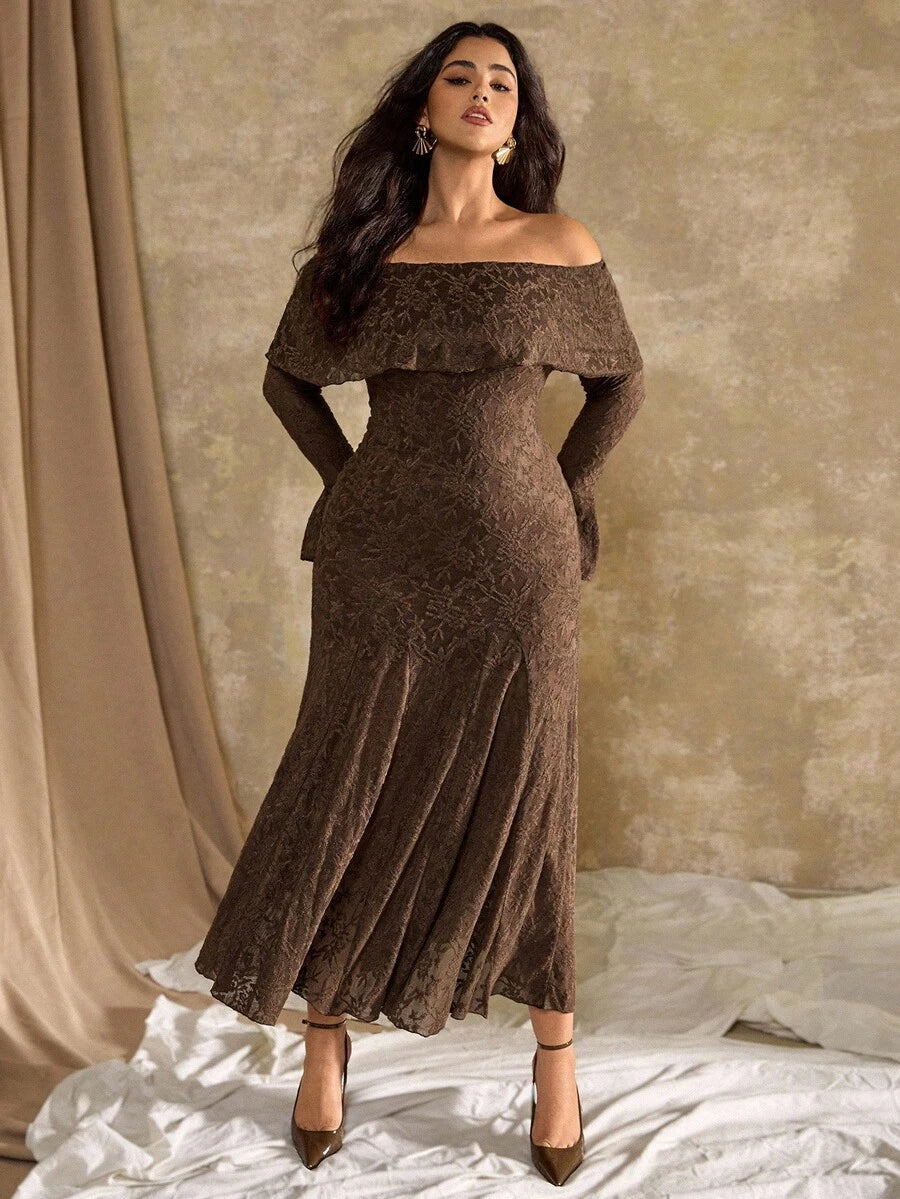 Elegant Dark Green Plus Size Autumn Maternity Dress - French Style Floral Off-Shoulder Fishtail Two-Piece Set 