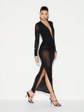 Make a statement at your next formal affair in this stunning deep plunge mesh maxi dress. The daring neckline and flowing long sleeves create an irresistibly sophisticated silhouette, while the elegant side slit adds just the right amount of drama and movement. Perfect for evening galas, weddings, or any occasion where you want to turn heads with confidence and style. This dress proves that elegance doesn't have to be boring—it can be bold, beautiful, and absolutely unforgettable.