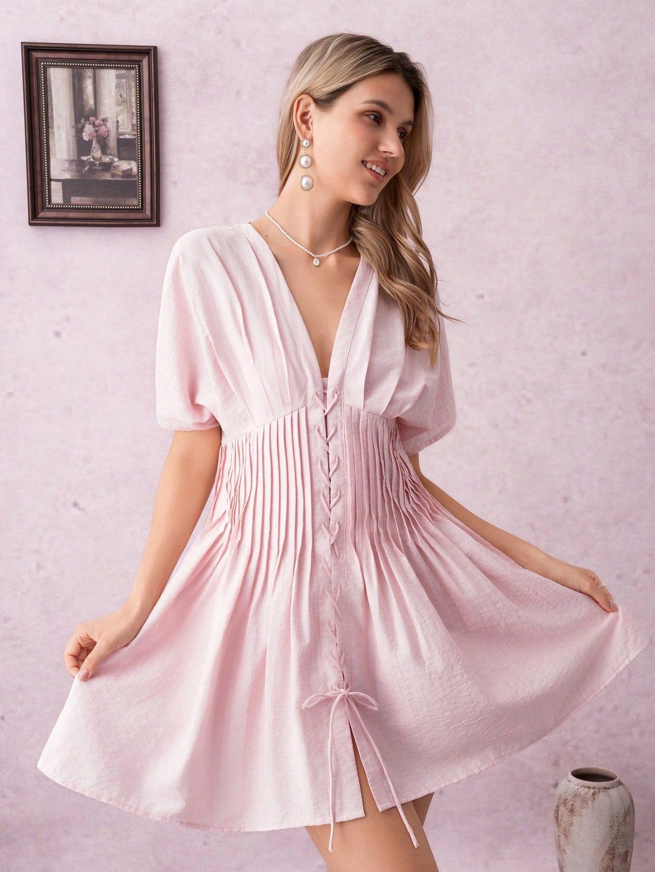 Step into summer with this Elegant Deep V-Neck Cinched Waist Shirt Dress, designed to flatter your figure while keeping things effortlessly chic. The deep V-neck adds a flirty touch, while the cinched waist highlights your curves in all the right places. Perfect for sunny days and warm evenings, this playful dress from the 2025 Summer Collection combines comfort and style for your go-to look all season long.