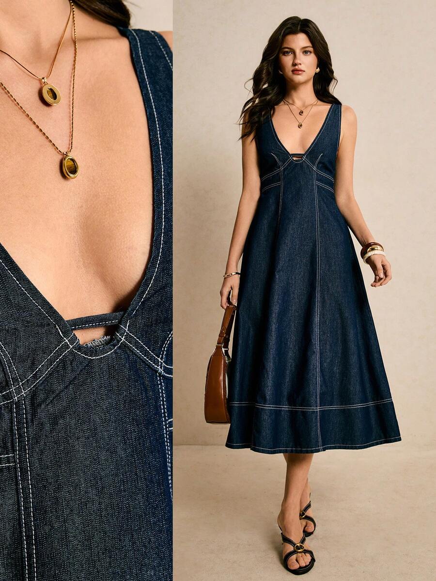 Exude Modern Sophistication in Our Elegant Deep V-Neck Denim Dress!

Redefine your summer wardrobe with a breathtaking fusion of rugged texture and high-fashion tailoring. This stunning sleeveless masterpiece is meticulously designed for the woman who seeks a sharp, architectural take on a timeless fabric—offering a sophisticated, high-authority look that transitions seamlessly from polished city brunches to sun-drenched evening social events.

Dramatic Deep V-Neckline: Featuring a sharp, plunging neckline,