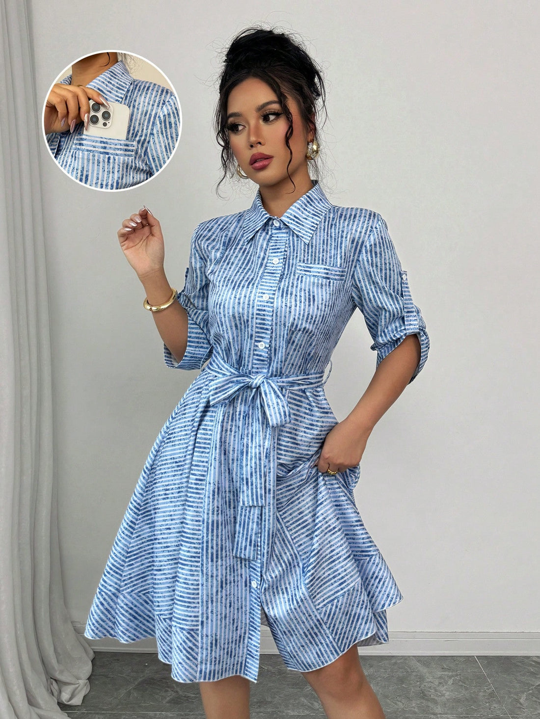 Strut your stuff in this playful denim-effect dress that's all about the details! The eye-catching stripes and contrast elements create a fun visual pop, while the belted waist cinches perfectly to flatter your figure. With breezy short sleeves, this dress strikes the perfect balance between casual cool and put-together elegance – perfect for turning heads at your next brunch date or weekend outing!