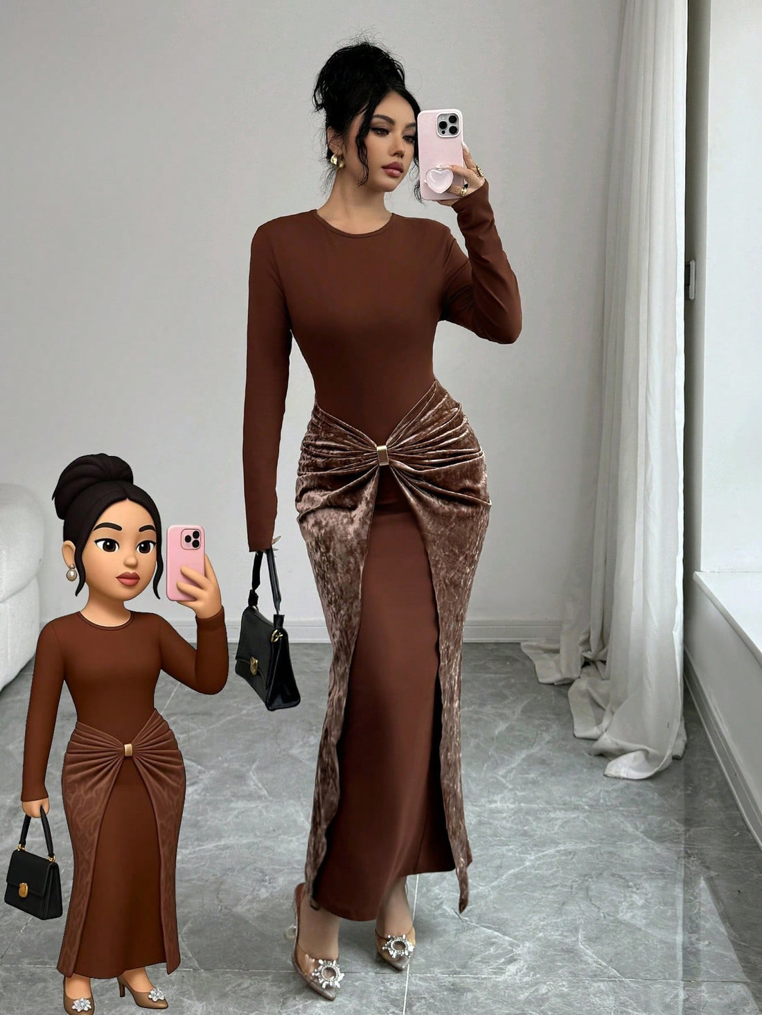 Slip into sophistication with this stunning velvet dress that's equal parts cozy and chic. The luxurious velvet fabric drapes beautifully while the pleated round neckline adds a touch of refined elegance. Shimmering metal accents catch the light with every move, making this your go-to piece for autumn and winter gatherings. Whether you're heading to a dinner date or a festive celebration, this dress transforms any occasion into something special. Comfort meets style in a design that feels as good as it look