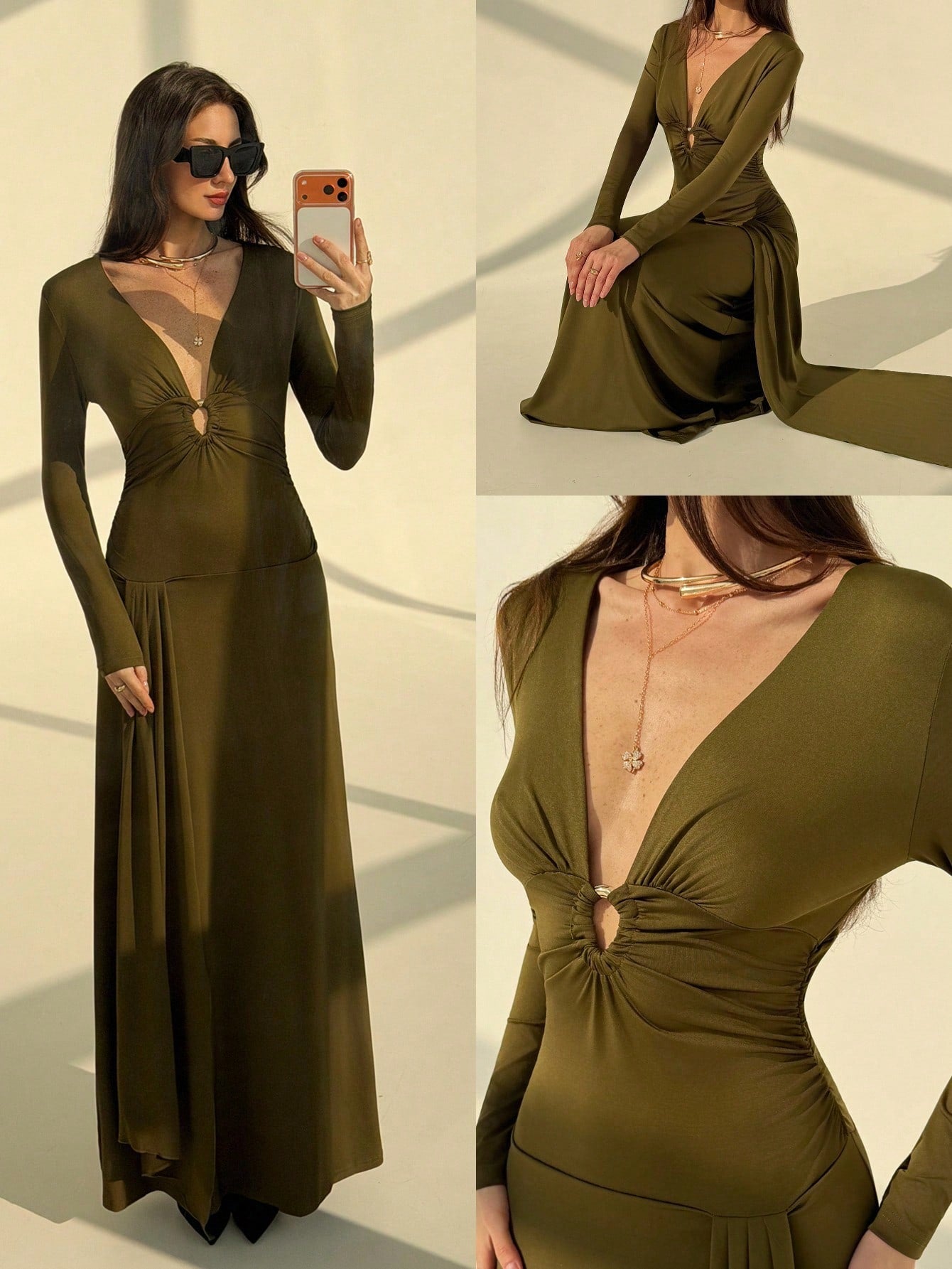 Make a statement in this stunning extra-long V-neck dress that's practically begging for a red carpet moment! The flowing ribbon design dances gracefully with every step, while shimmering metallic embellishments catch the light and steal the show. Whether you're walking down the aisle, celebrating at a gala, or turning heads at an evening soirée, this elegant piece delivers sophistication with a touch of sparkle. The flattering V-neckline and floor-sweeping silhouette create an effortlessly chic look that w