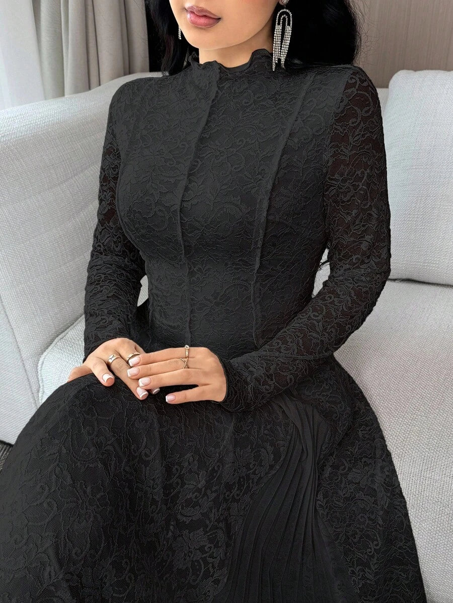 Step into autumn charm with this playful fall dress featuring a delicate floral lace collar that adds a touch of whimsy to your look. The gracefully pleated hem dances with every step, making it perfect for crisp days and cozy gatherings. Embrace the season in style and fun!