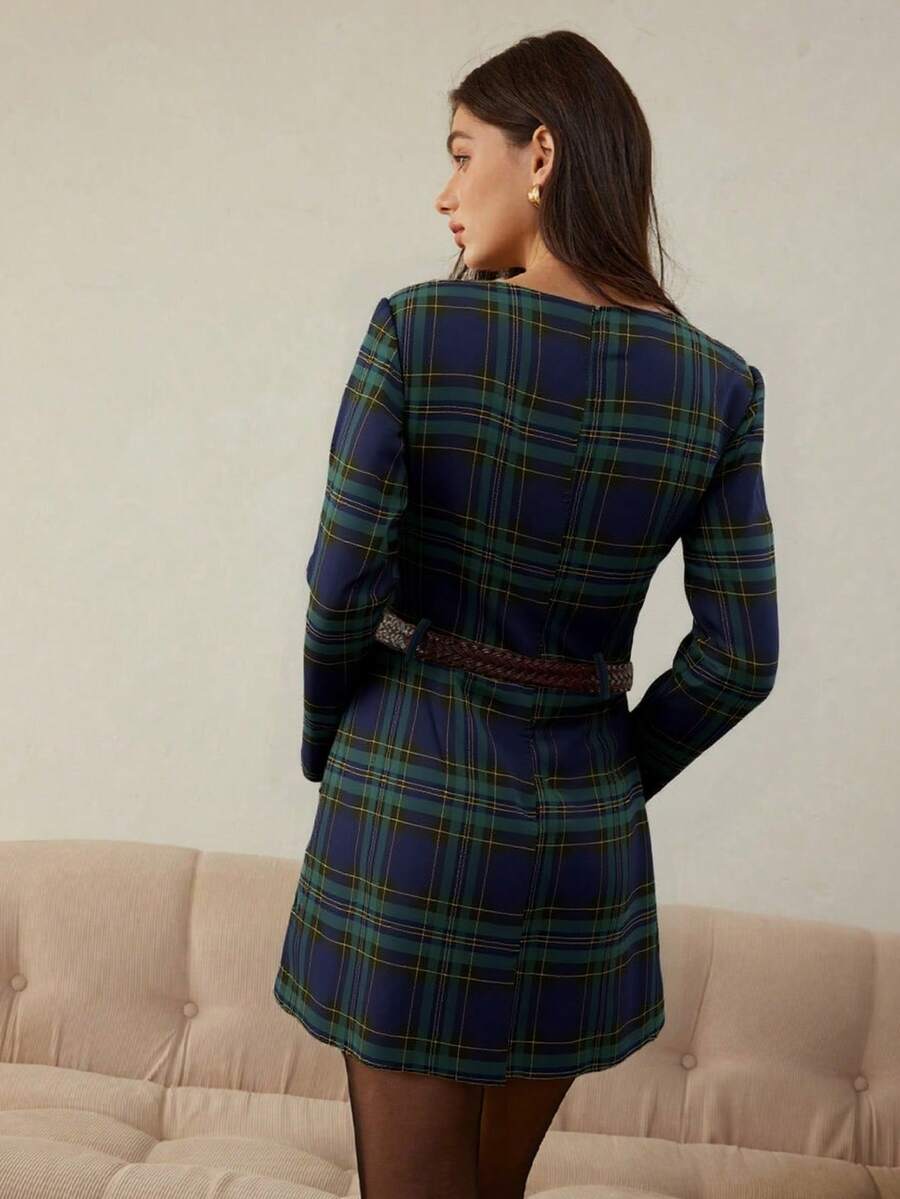 Rear three-quarter view of navy tartan fit-and-flare mini dress with concealed back zipper