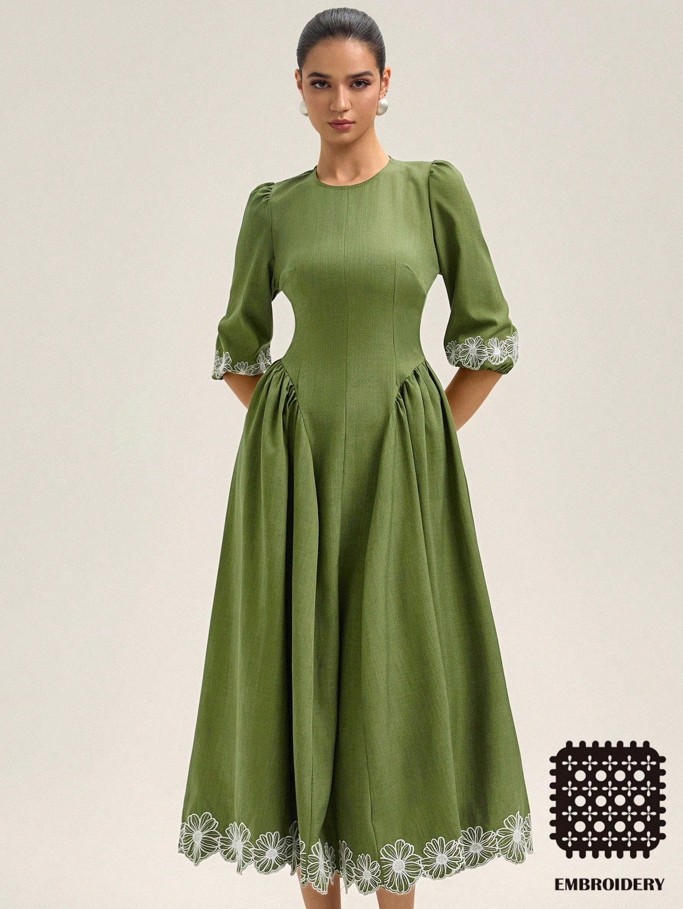 Twirl into the season with this stunning flared dress that's equal parts sophisticated and fun! The romantic lantern sleeves add a whimsical touch, while delicate embroidery details elevate your everyday look. Perfect for autumn and winter gatherings, this dress transitions effortlessly from casual coffee dates to special occasions. The flowing silhouette flatters every figure and moves beautifully with you. Cozy, chic, and absolutely charming—your new favorite dress awaits!