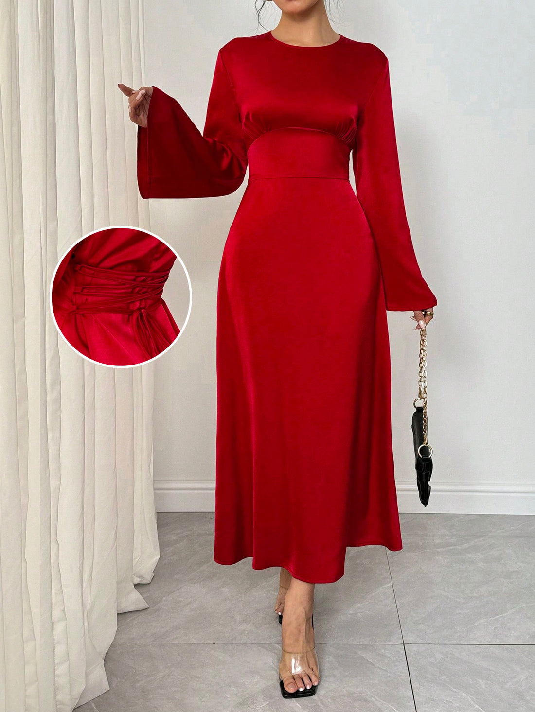 Step into the holiday season with our Elegant Flared Sleeve Cross Waist Tie-Back Dress. Showcasing flared sleeves and a cross waist tie-back design, this dress is perfect for all your holiday celebrations. Crafted with elegance and style in mind, this dress will make you stand out from the crowd.