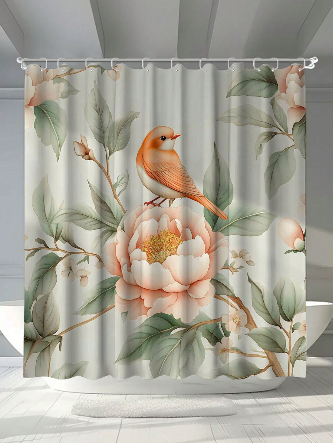 Introducing our Elegant Floral & Bird Print Shower Curtain! Keep your bathroom mildew-free with our waterproof curtain, complete with hooks & grommets for easy installation. The playful design adds a touch of whimsy to your day. (Bathroom birds not included.)