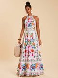 Blue baroque print cutout waist maxi dress with tiered skirt