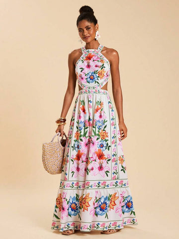 Blue baroque print cutout waist maxi dress with tiered skirt
