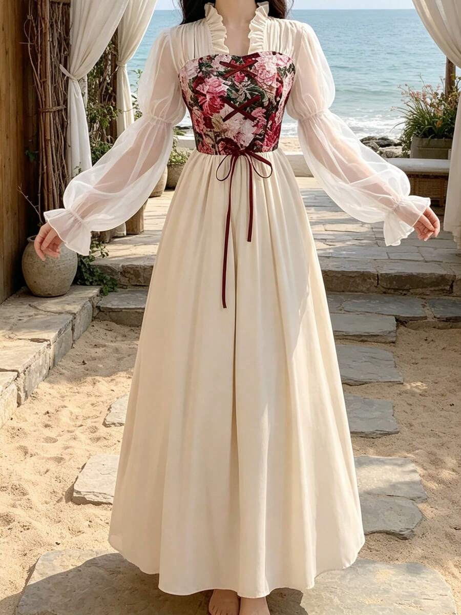 Front view of apricot floral corset renaissance maxi dress with ivory skirt