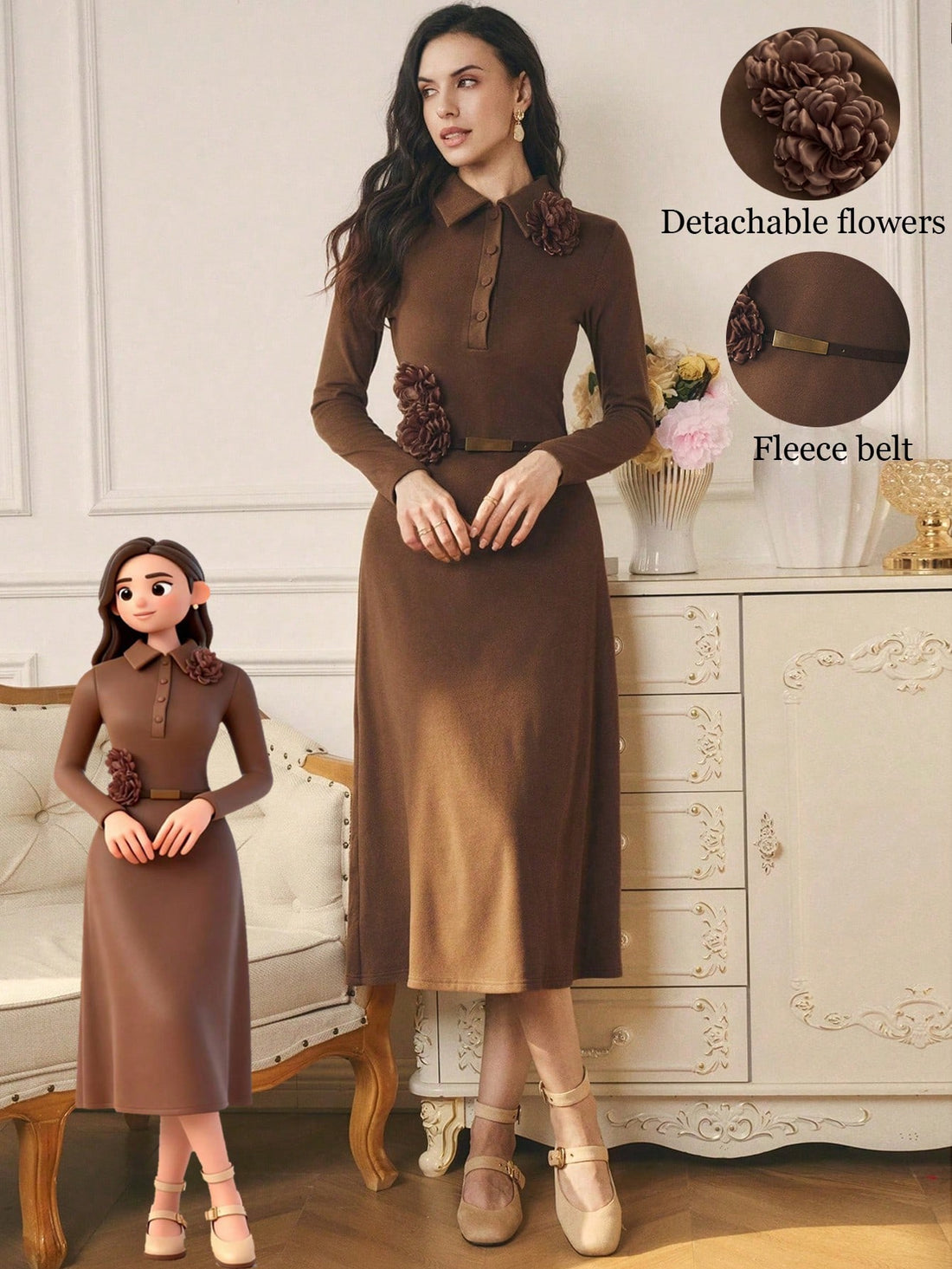 Twirl into the season in this stunning floral long dress that's as versatile as it is gorgeous. The intricate floral detailing brings elegance to any autumn or winter celebration, while the detachable belt lets you switch up your look in seconds—cinched for drama or removed for effortless flow. Whether you're heading to a holiday party or a special gathering, this dress delivers sophisticated style with a playful edge. Dress it up with heels and statement jewelry, or keep it casual for a refined everyday vi