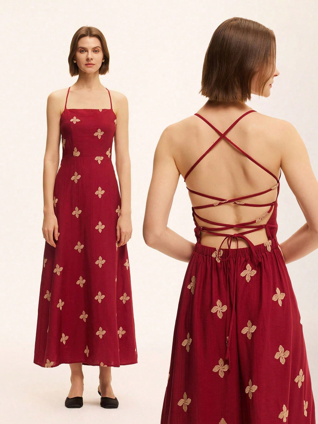 Step out in style with this playful A-line dress featuring delicate floral embroidery and a charming tie-back detail. Its flattering silhouette offers comfort and casual chic vibes, perfect for sunny days or casual gatherings. Embrace effortless elegance with a touch of whimsy in every wear.