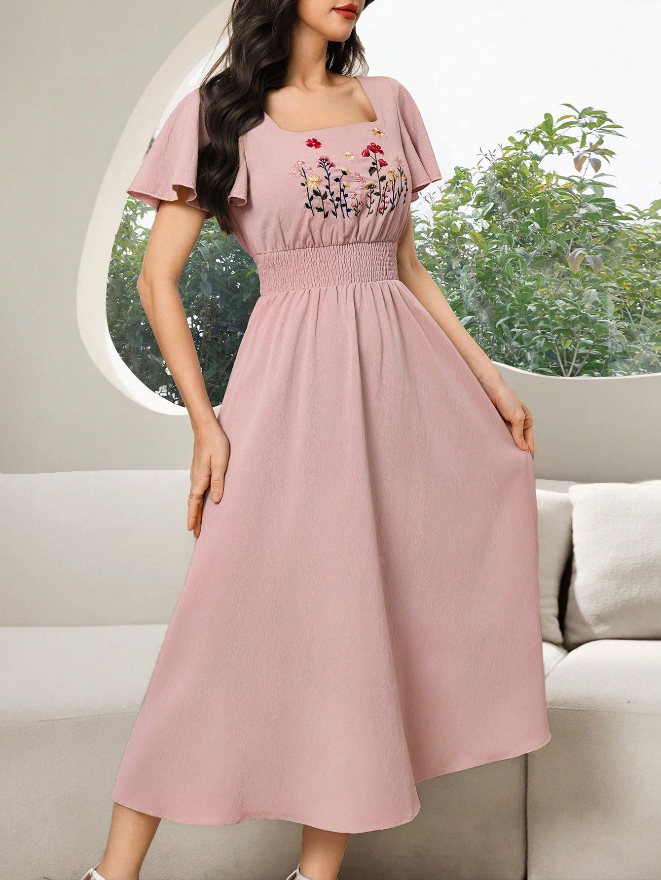 Twirl into any event with our waist-cinched midi dress that's basically a walking garden party! The delicate floral embroidery adds just the right amount of "ooh-la-la" while the flattering cinched waist says "hello, curves!" Dress it up with heels or down with sneakers – either way, you'll be collecting compliments faster than likes on your inevitable outfit selfie.