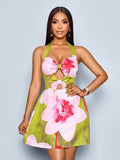 Turn heads with this Elegant Floral Halter Backless Mini Dress, featuring a charming random flower print. Its playful halter neckline and daring backless design make it perfect for sunny days and lively nights. Lightweight and flirty, this mini dress adds a burst of fun and femininity to your wardrobe. Embrace effortless style and let your confidence bloom!