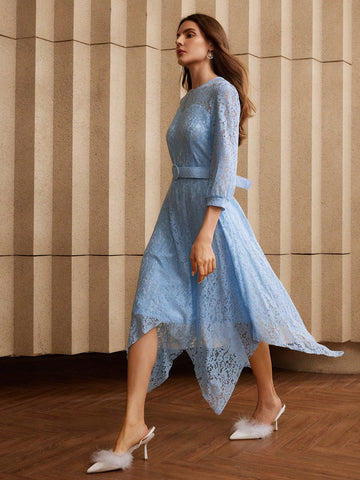 Get ready to turn heads with our Elegant Floral Lace Asymmetric Midi Dress. Boasting a unique design with half sleeves, this dress exudes sophistication and playfulness. You'll feel confident and stylish at any occasion. Perfect for those who want to make a statement without taking themselves too seriously.