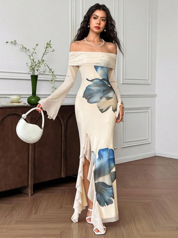 Turn heads at weddings and birthday parties with this playful yet elegant floral off-shoulder dress. The fishtail hem adds a flirty twist to its classic silhouette, while the floral pattern brings a fresh, lively vibe. Designed to keep you comfortable and stylish all day long, it’s the perfect choice for unforgettable celebrations.