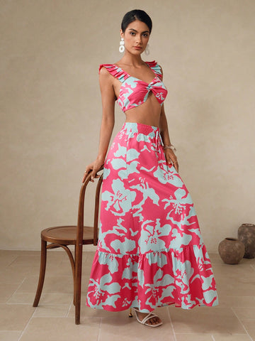 Make a splash with confidence in this charming two-piece swim set! Featuring a vibrant floral print that brings tropical vibes to poolside style, this set pairs a flattering crop top with a playful ruffle-hem skirt for a fun, feminine look. The coordinated design creates an effortlessly put-together appearance, while the skirt's ruffled detail adds movement and flair. Perfect for beach days, pool parties, or vacation getaways, this set lets you express your style while enjoying the water. Mix, match, and ha