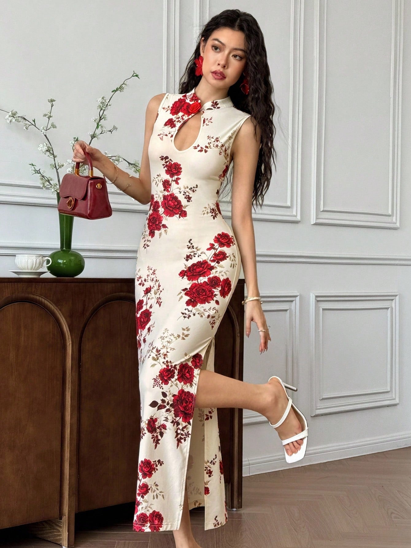 Elegant Floral Print Bodycon Midi Cheongsam Dress for Women