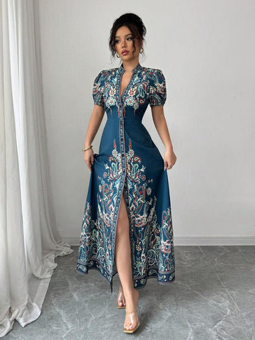 Elevate your wardrobe with this stunning floral print long dress, featuring a flattering deep V-neckline and fitted silhouette. The intricate floral design brings timeless elegance to any occasion, while the flowing length offers graceful movement and sophistication. Perfect for evening events, special occasions, or elevated everyday wear. The fitted bodice flatters your figure, and the luxurious fabric drapes beautifully. A versatile piece that transitions seamlessly from day to night