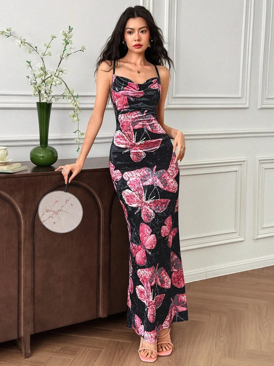 Elegant Floral Print Fishtail Hem Dress for Women