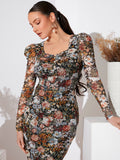 Get ready to turn heads in this stunning Elegant Floral Print Gigot Sleeve Bodycon Dress. The intricate floral print and modern gigot sleeves add a touch of elegance, while the bodycon design flatters your silhouette. Perfect for any evening event, this dress will have you feeling confident and stylish. Make a statement and stand out from the crowd with this one-of-a-kind dress.