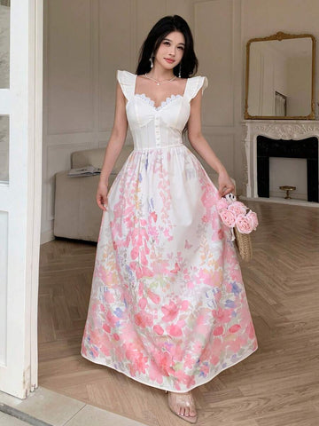 Front view of white floral corset bodice ruffle strap maxi dress showing visible color, trim, and silhouette