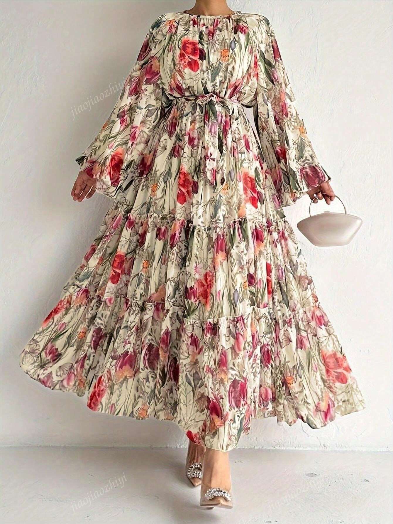 Twirl into elegance with our Floral Print Lantern Sleeve Dress! This Arabic-inspired beauty combines whimsical lantern sleeves with a flirty ruffle hem that dances with your every move. The charming floral pattern adds just the right amount of fun to your wardrobe, making it perfect for turning heads and collecting compliments wherever you go!