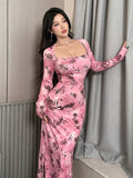 Get ready to turn heads with this elegant floral print dress! Its long sleeves and fitted design give you a chic look, while the side slit adds a touch of sass. Perfect for any occasion, this dress will have you feeling confident and stylish.