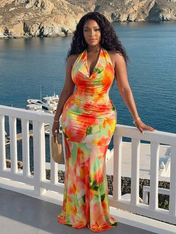 Front view of elegant floral print maxi dress - perfect for summer vacations, beach days, and romantic outings with maxi dress silhouette, summer styling for summer casual wear