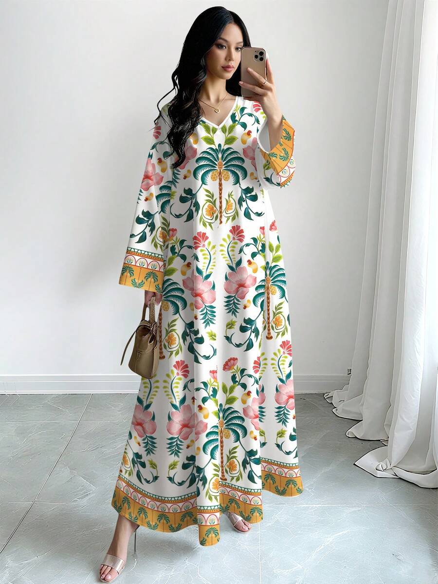 Elevate your wardrobe with this stunning Elegant Floral Print Maxi Dress, designed for effortless sophistication. Featuring a flattering V-neckline and flowing long sleeves, this piece seamlessly transitions from beach getaways to resort evenings. The high-waisted silhouette with a flared hem creates a graceful, modest silhouette that flatters all body types. Crafted from premium woven fabric—95% polyester and 5% elastane—this dress offers comfort and durability. 