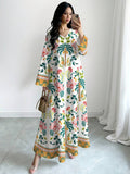 Elevate your wardrobe with this stunning Elegant Floral Print Maxi Dress, designed for effortless sophistication. Featuring a flattering V-neckline and flowing long sleeves, this piece seamlessly transitions from beach getaways to resort evenings. The high-waisted silhouette with a flared hem creates a graceful, modest silhouette that flatters all body types. Crafted from premium woven fabric—95% polyester and 5% elastane—this dress offers comfort and durability. 