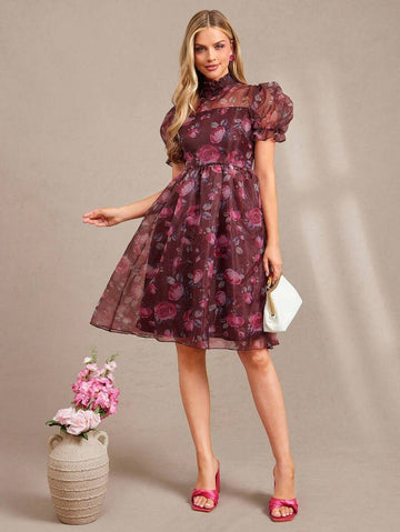 Step into the spotlight with this playful yet elegant A-line dress, featuring a delicate floral print on airy organza that dances with every step. Its voluminous puffy skirt adds a whimsical touch, perfect for weddings and special occasions where making a joyful statement matters. Let this dress bring out your fun-loving spirit while keeping you effortlessly chic.