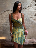 Multicolor floral paisley ruffle strap mini dress with asymmetric hem