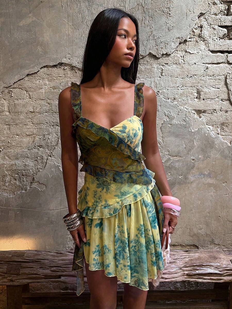 Multicolor floral paisley ruffle strap mini dress with asymmetric hem