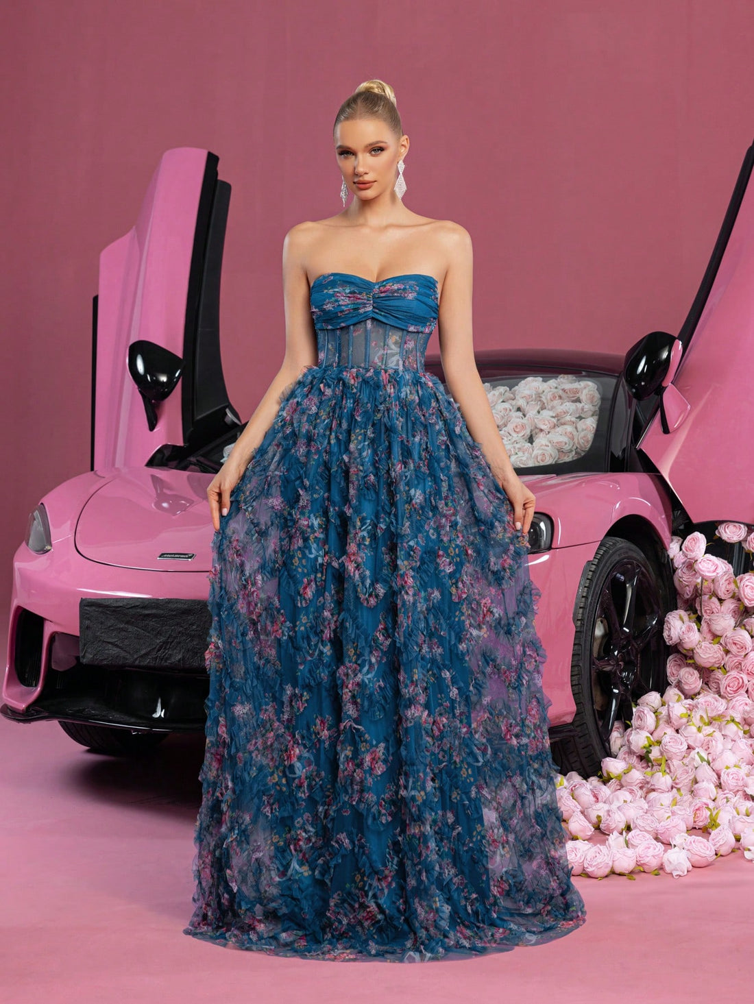 Step into the spotlight with this Elegant Floral Print Ruched Bustier Tube Dress. The playful ruching sculpts your silhouette, while the charming ruffle hem adds a flirty finish perfect for weddings and formal events. Effortlessly chic, this dress brings floral fun with a touch of sophistication to your special day.