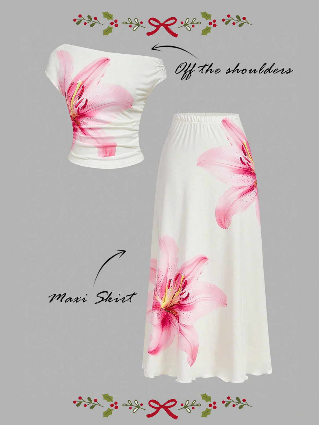 Bloom into elegance with this charming two-piece set! The ruched shoulder blouse features a delicate floral print that dances across soft fabric, while the flowing midi skirt creates a graceful silhouette perfect for summer gatherings and special moments. The thoughtful ruching adds dimension and flatters your frame, making this set your go-to choice for brunches, garden parties, or any occasion calling for effortless sophistication. Mix, match, or wear together—this versatile duo brings joy and style to yo