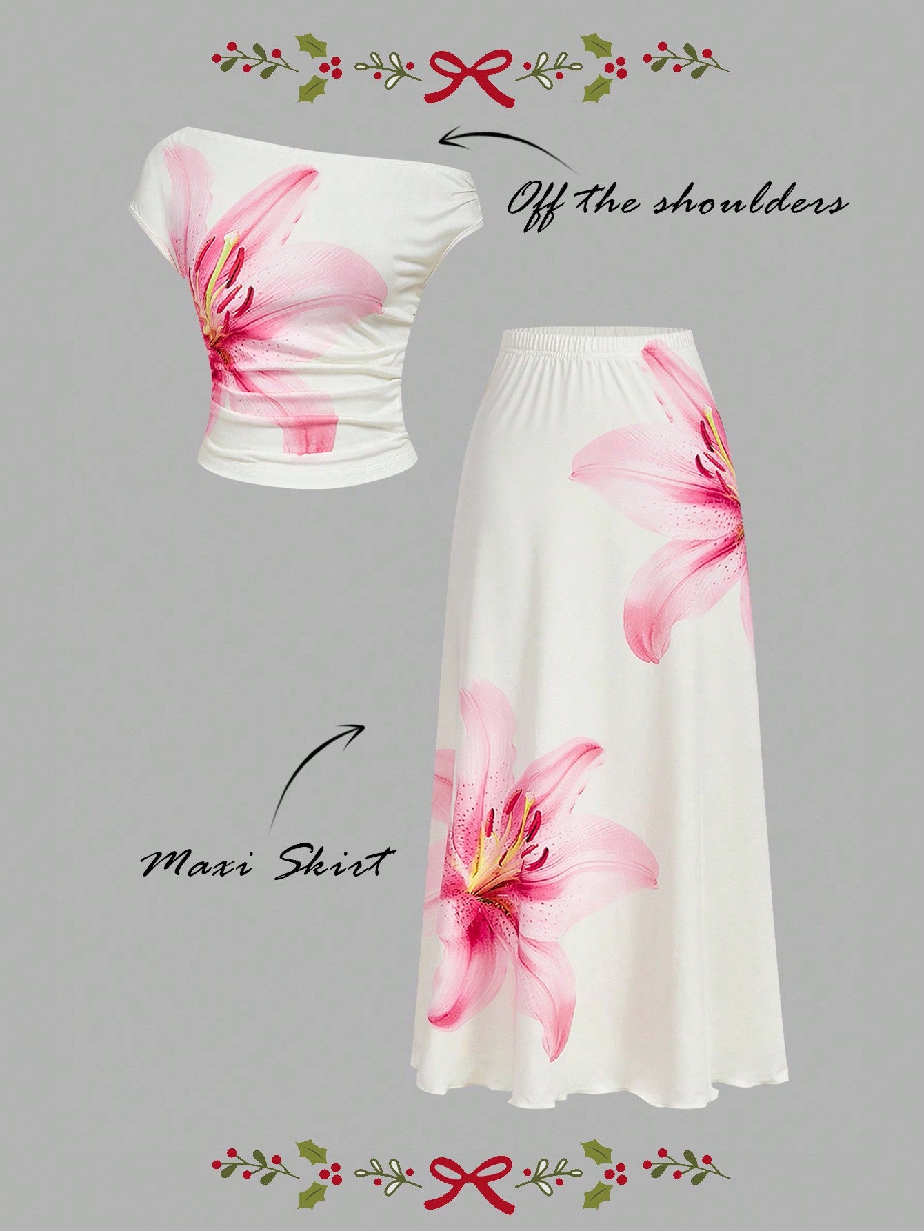 Bloom into elegance with this charming two-piece set! The ruched shoulder blouse features a delicate floral print that dances across soft fabric, while the flowing midi skirt creates a graceful silhouette perfect for summer gatherings and special moments. The thoughtful ruching adds dimension and flatters your frame, making this set your go-to choice for brunches, garden parties, or any occasion calling for effortless sophistication. Mix, match, or wear together—this versatile duo brings joy and style to yo