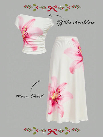 Bloom into elegance with this charming two-piece set! The ruched shoulder blouse features a delicate floral print that dances across soft fabric, while the flowing midi skirt creates a graceful silhouette perfect for summer gatherings and special moments. The thoughtful ruching adds dimension and flatters your frame, making this set your go-to choice for brunches, garden parties, or any occasion calling for effortless sophistication. Mix, match, or wear together—this versatile duo brings joy and style to yo